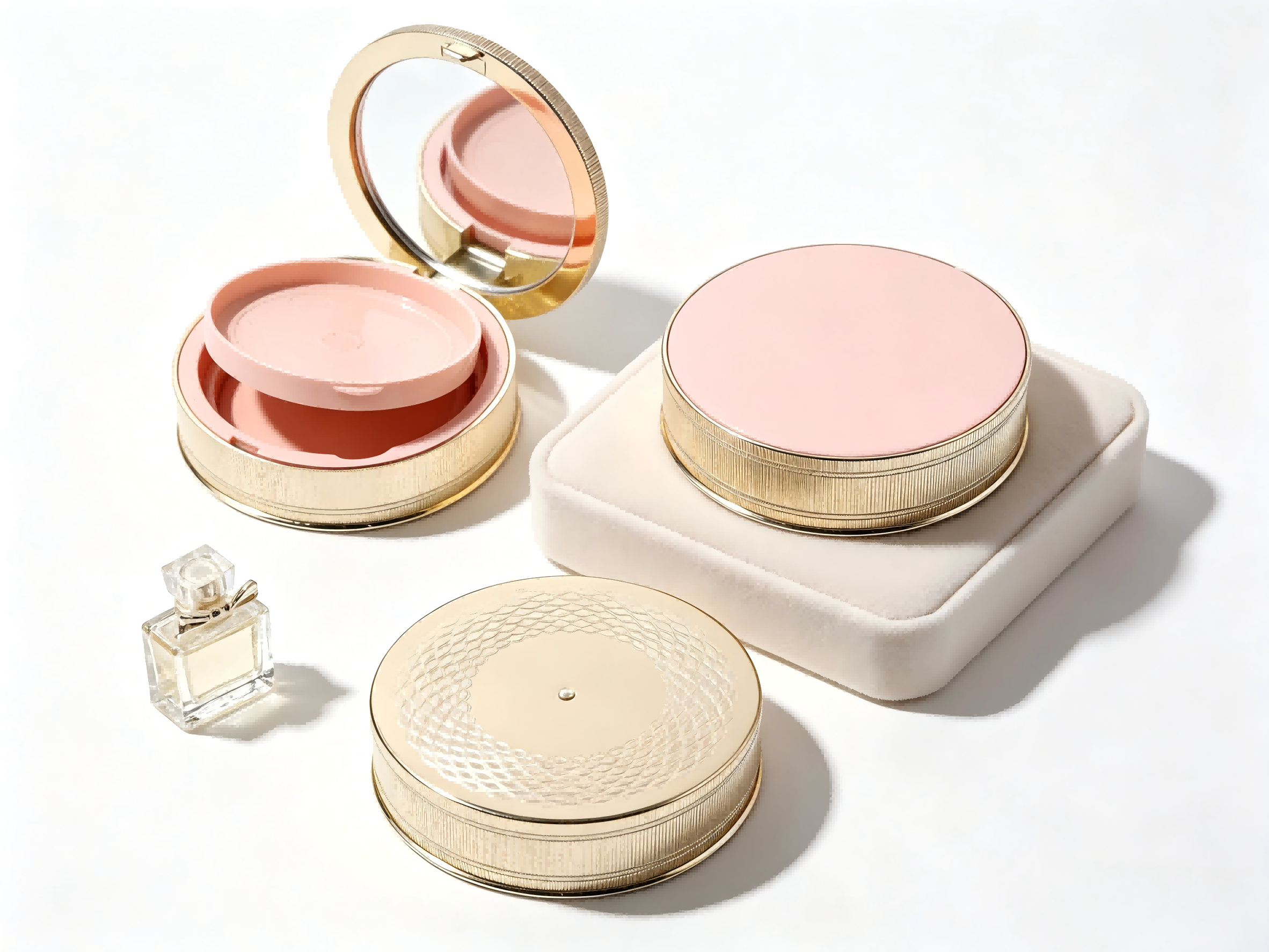 Elegant gold textured empty air cushion compact case with inner mirror and sponge tray for BB cream.